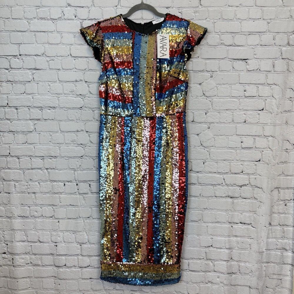Avara Tish Multicolor Sequin Midi Dress Womens L Formal Cocktail Wedding NWT
